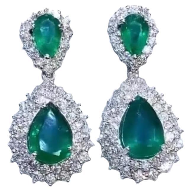 AIG Cetified 10.30 Carat Zambian Emeralds  3.80 Ct Diamonds 18K Gold Earrings  For Sale
