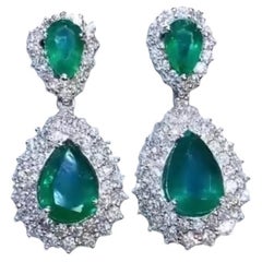 AIG Cetified 10.30 Carat Zambian Emeralds  3.80 Ct Diamonds 18K Gold Earrings 