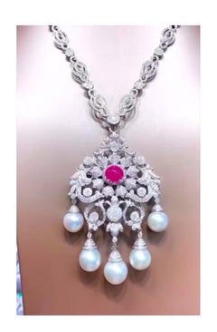 AIG-GIT Certified South Sea Pearls 7.20 Ct Diamonds 6.20 Ct Burma Ruby Pendant