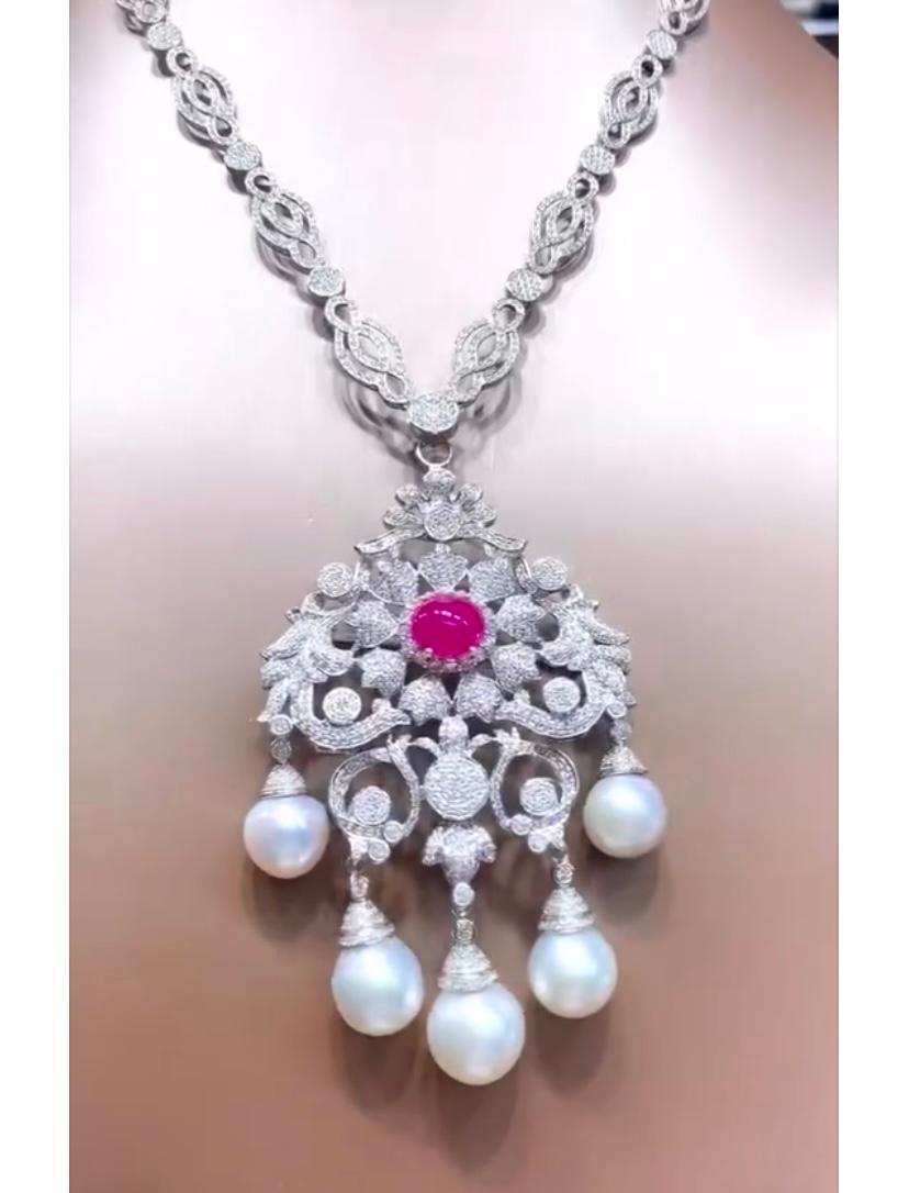 Pendentif en perles des mers du Sud certifiées AIG-GIT, diamants 7,20 carats, rubis de Birmanie 6,20 carats Pour femmes en vente