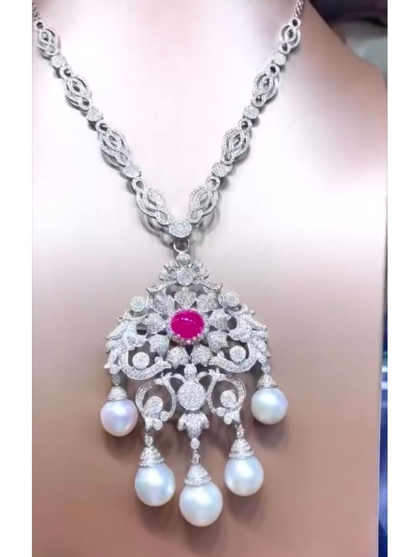 Pendentif en perles des mers du Sud certifiées AIG-GIT, diamants 7,20 carats, rubis de Birmanie 6,20 carats en vente 1