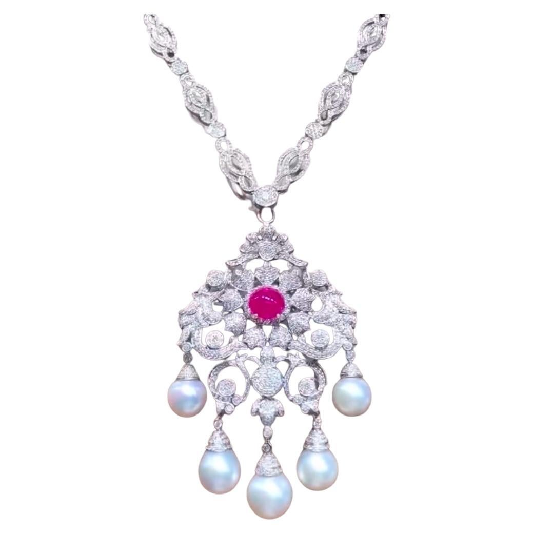 Pendentif en perles des mers du Sud certifiées AIG-GIT, diamants 7,20 carats, rubis de Birmanie 6,20 carats