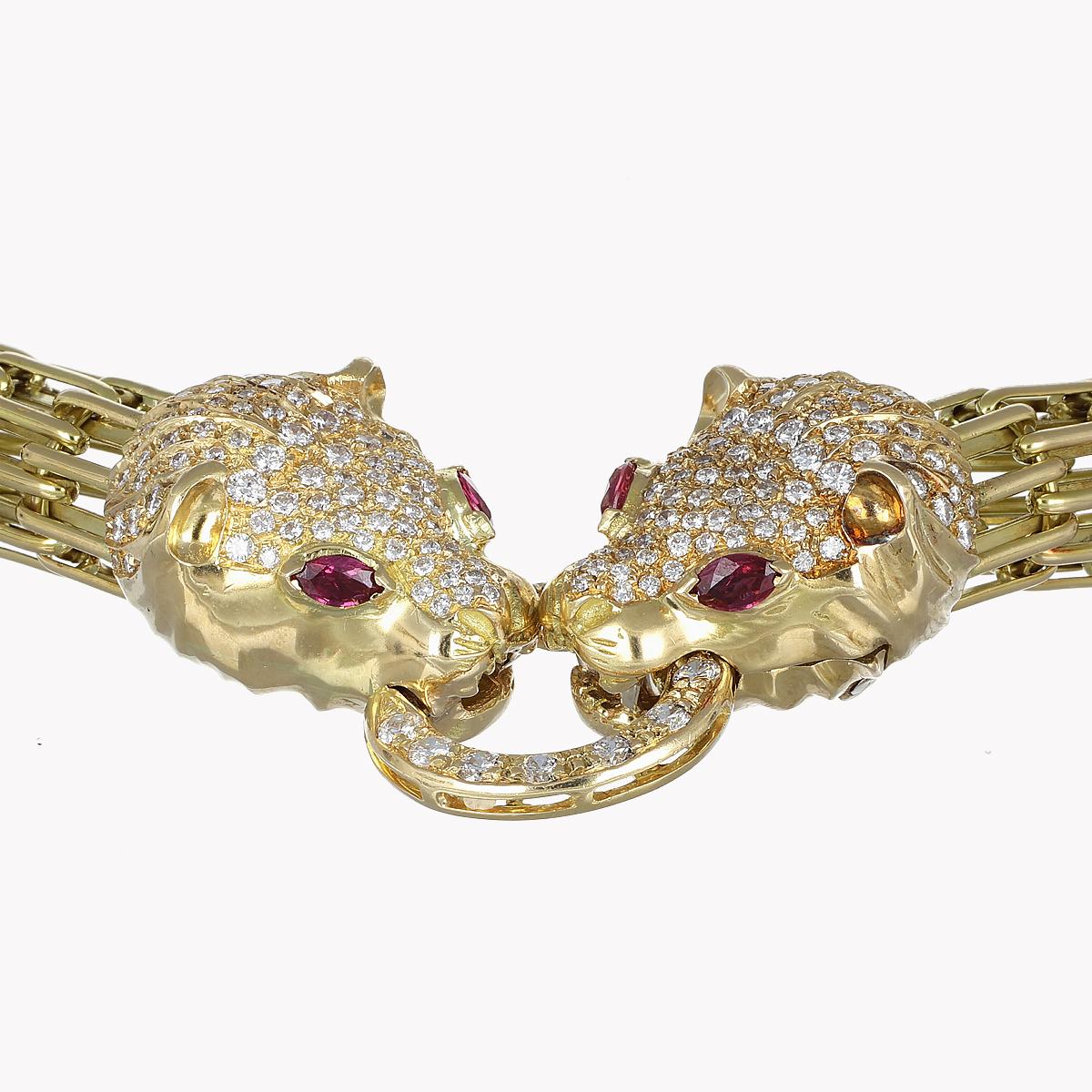 AIG Panther Parure Diamonds 5.79 Ct Marquise Rubies 2 Ct 18Kt Gold Set 3 Pieces In Excellent Condition For Sale In Bergamo, BG