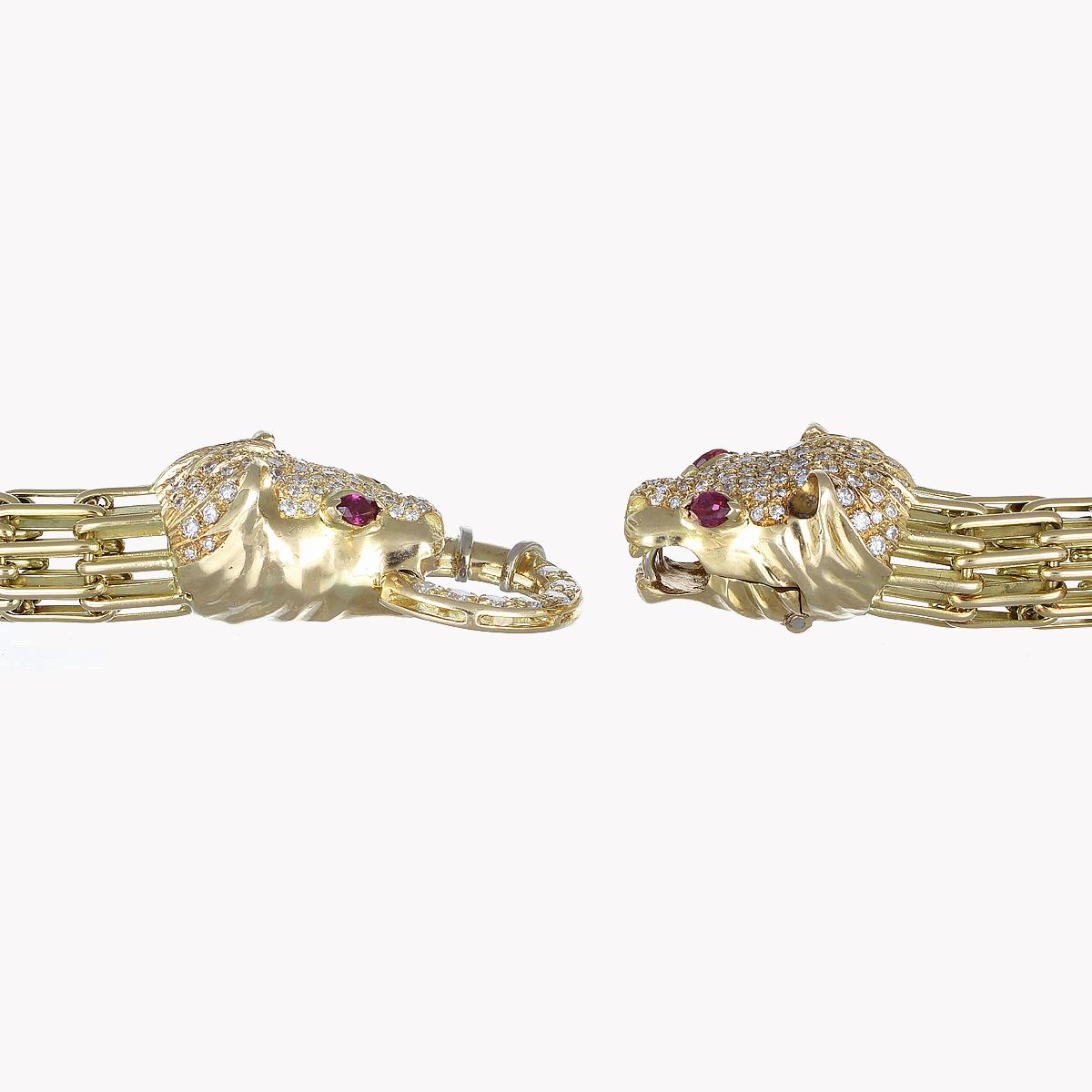 Women's AIG Panther Parure Diamonds 5.79 Ct Marquise Rubies 2 Ct 18Kt Gold Set 3 Pieces For Sale
