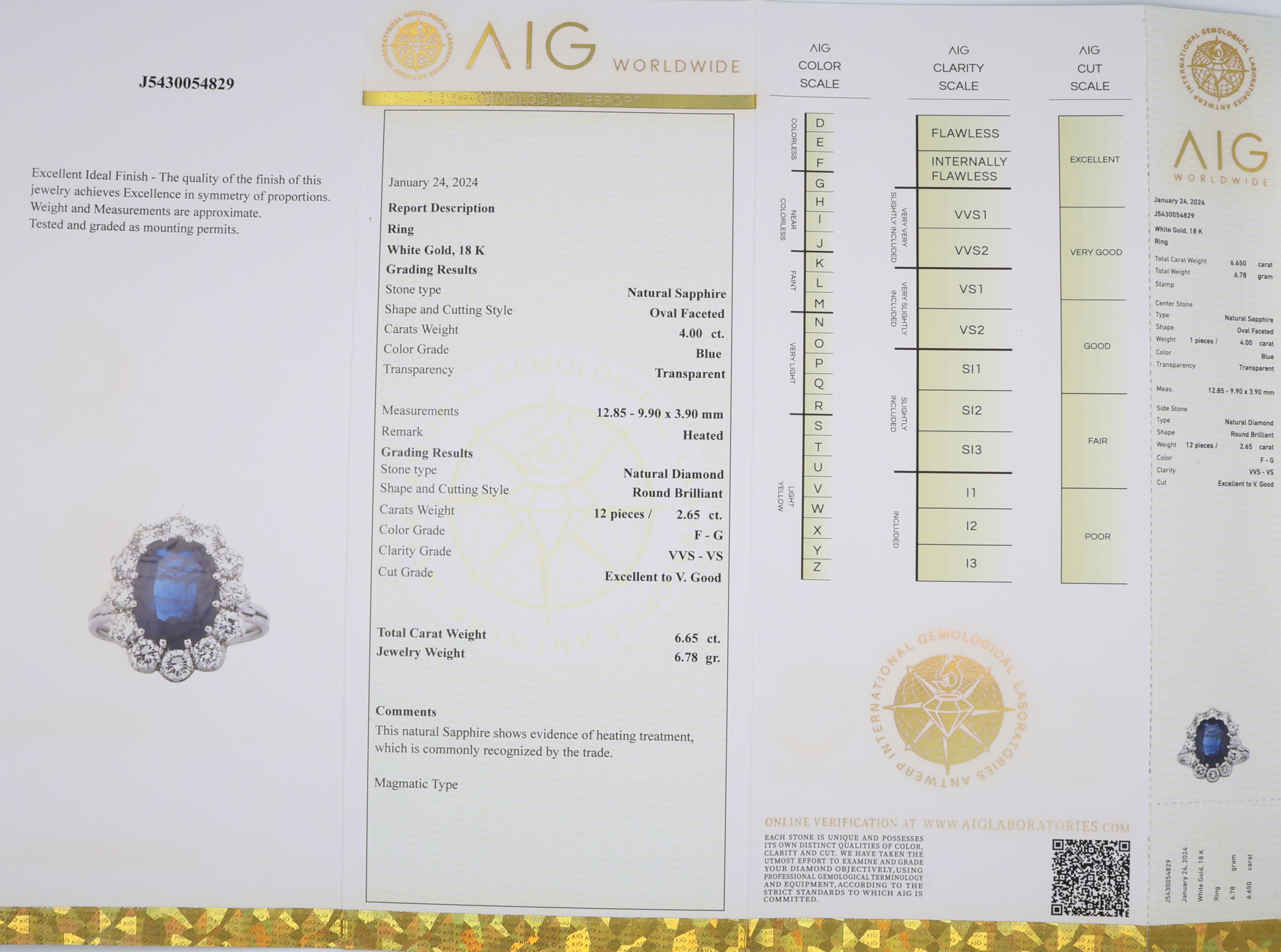 AIG Atemberaubende 4 kt Blauer Saphir 2,65 kt Weiße Diamanten Ring 18kt Weißgold im Angebot 2
