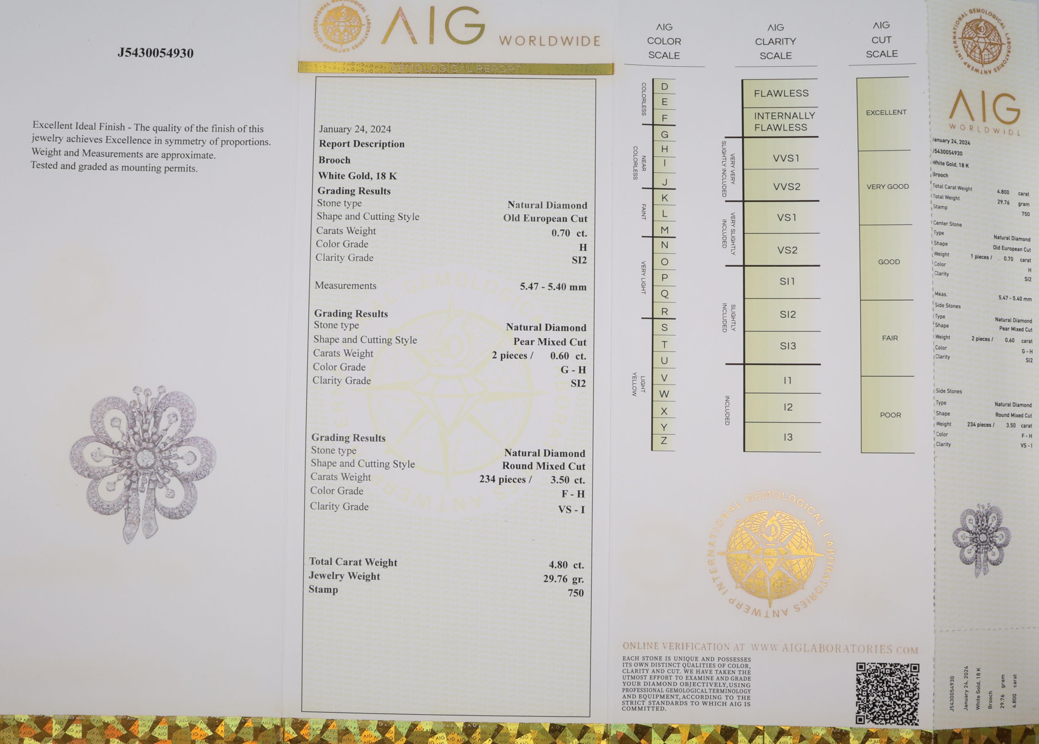 Aig Broche Flor Vintage 4,80 ct Diamantes Blancos Talla Mixta Oro Blanco 18 Kt en venta 1