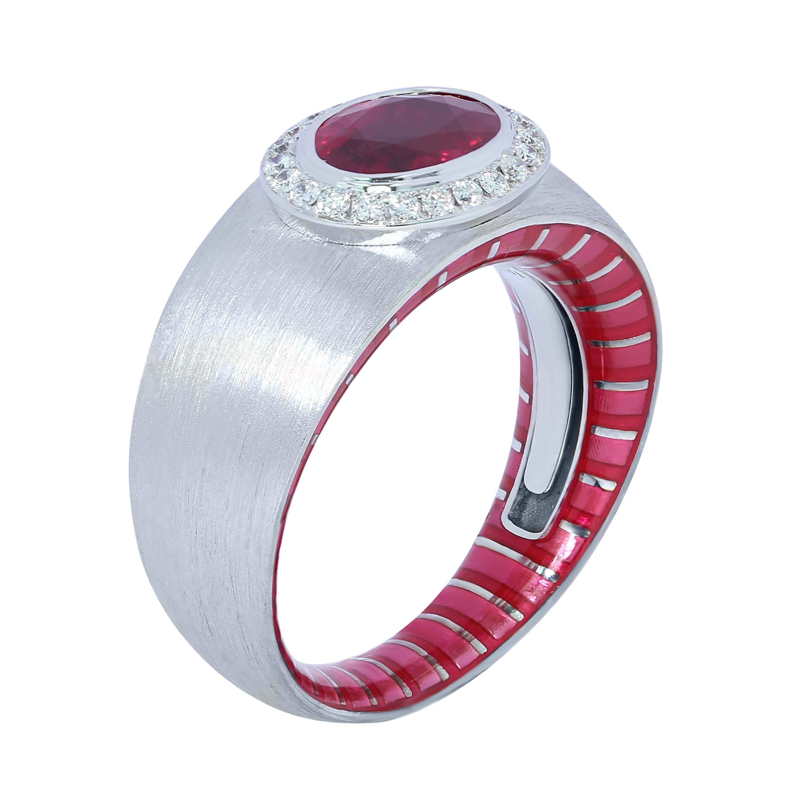 AIGL Certified 2,01 Carat Ruby Diamond Enamel 18 Karat White Gold Ring
Explore the infinite combinations of Kaleidoscope Collection. It's all about mixing and matching! Take a closer look at this spectacular Ring. Made from 18K White Gold, it