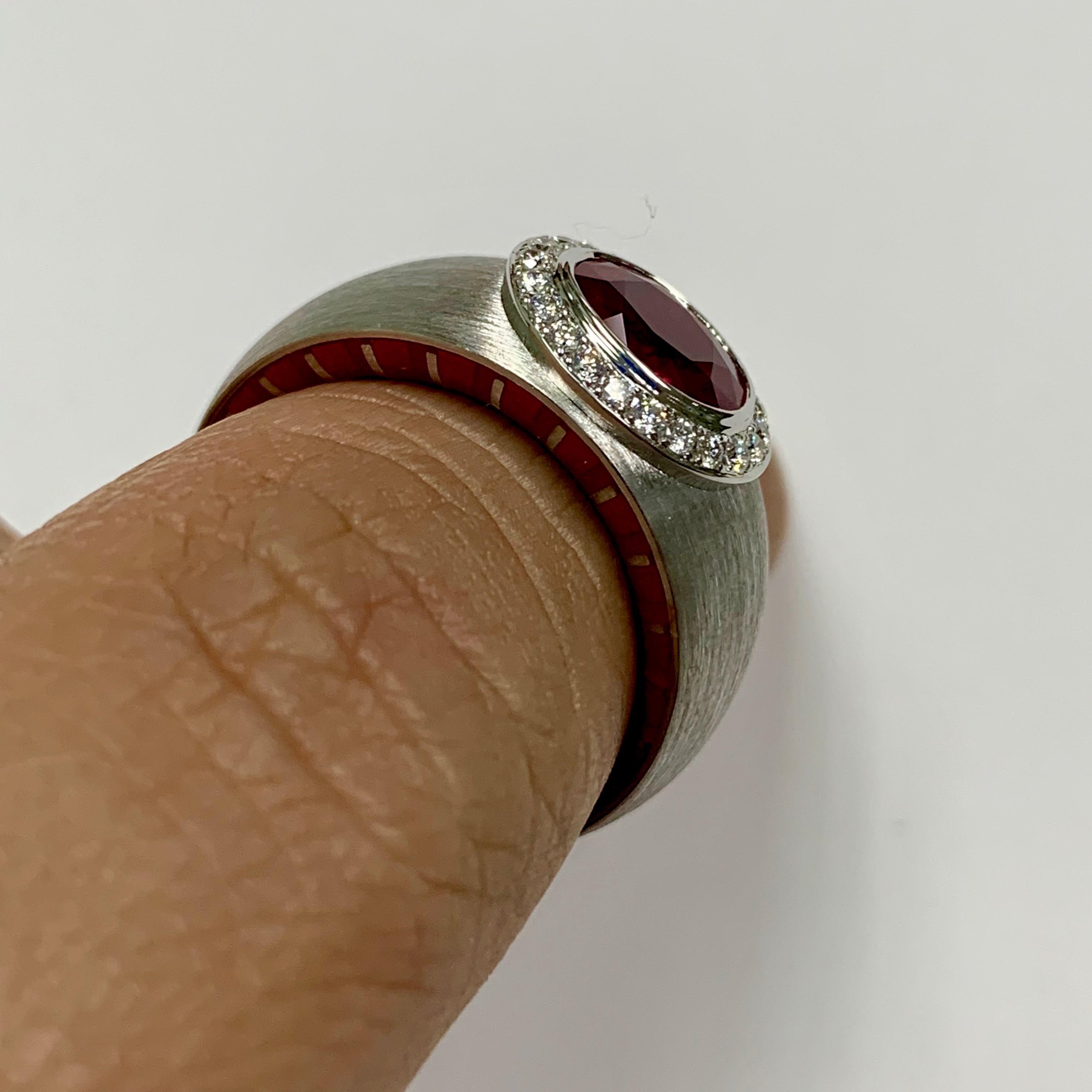 Contemporary AIGL Certified 2, 01 Carat Ruby Diamond Enamel 18 Karat White Gold Ring For Sale