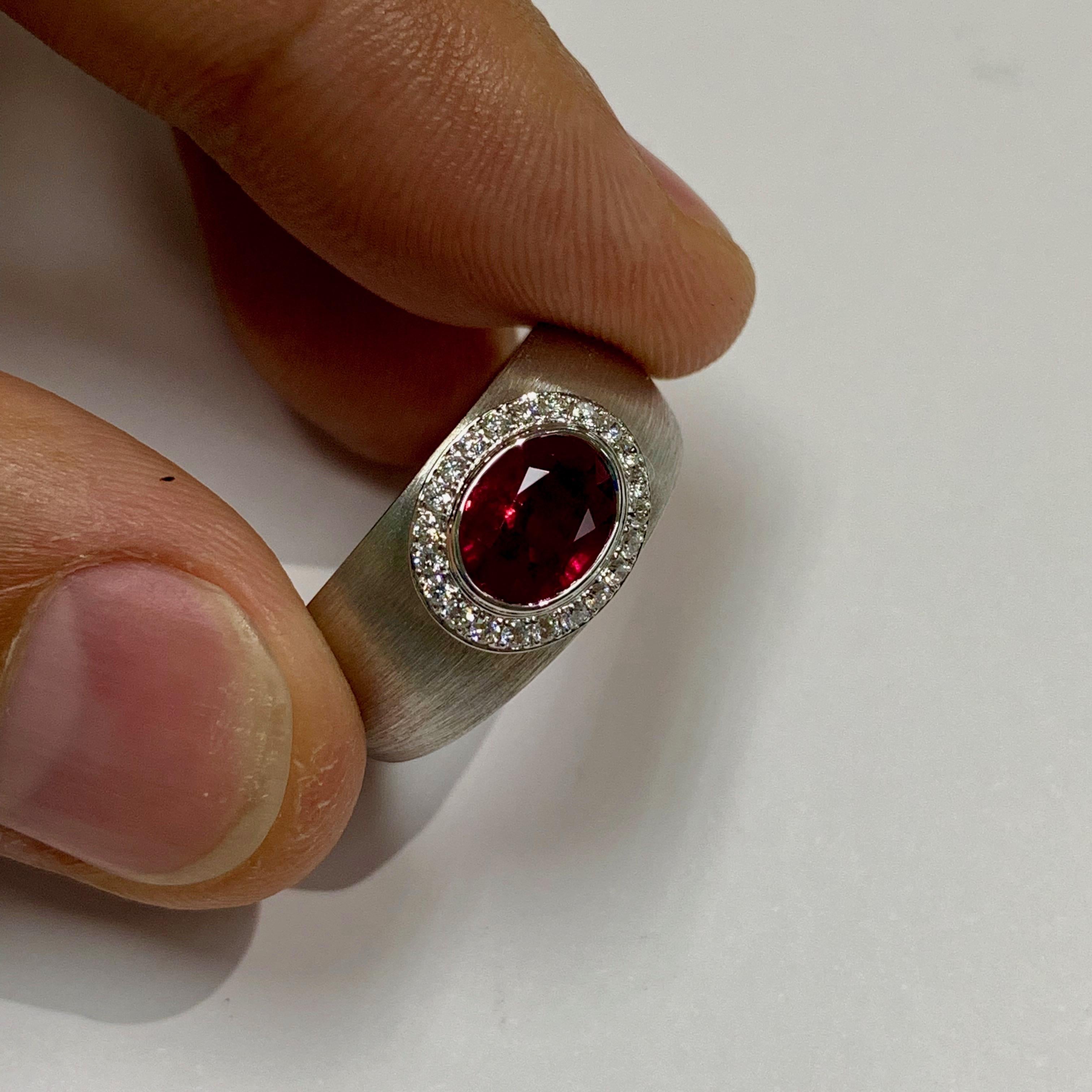 Women's or Men's AIGL Certified 2, 01 Carat Ruby Diamond Enamel 18 Karat White Gold Ring For Sale
