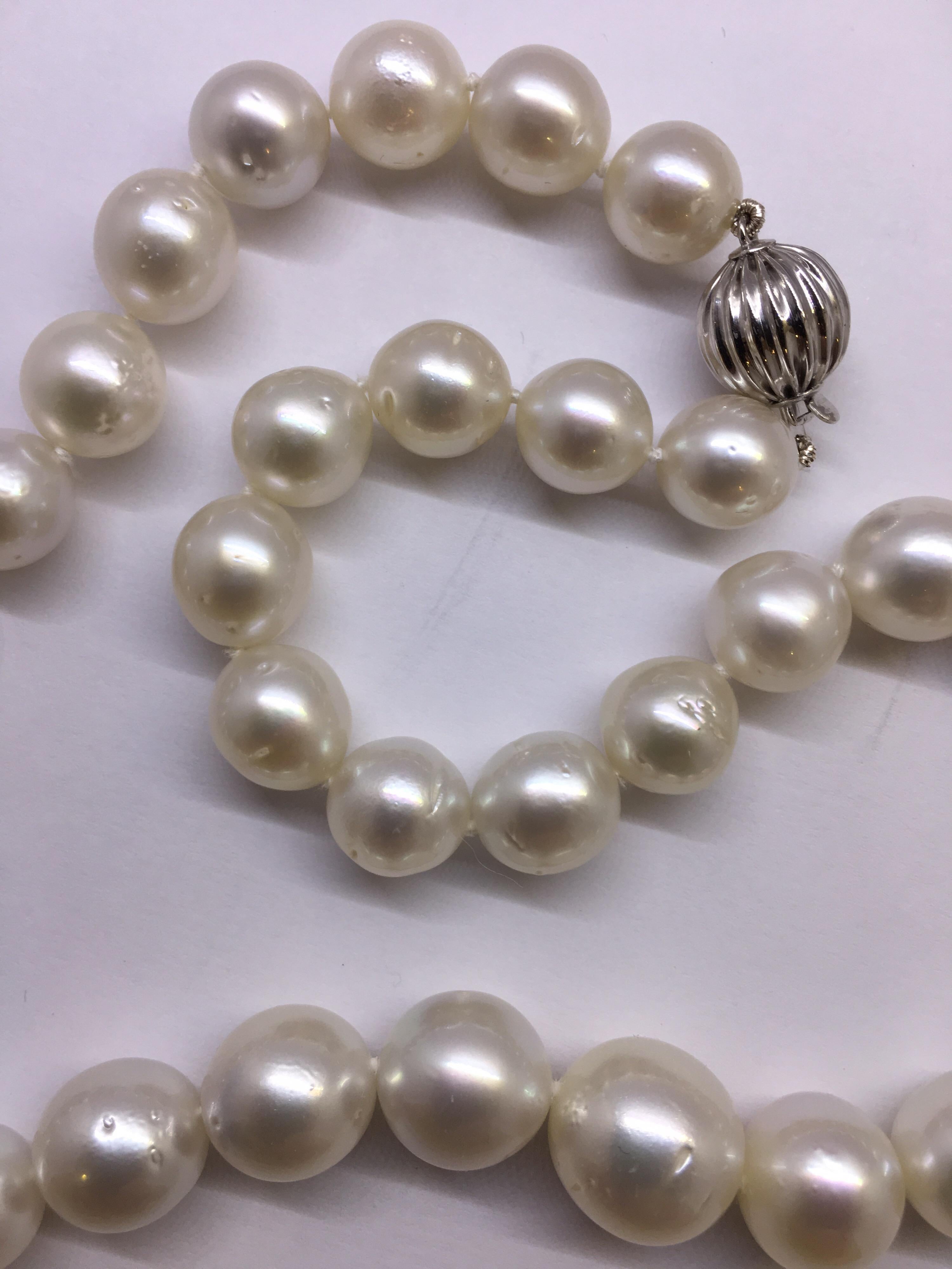 Cultured South sea Pearl is 10 mm-14 mm 35 pearls makes 17.5 Inches long round to off  round is excellent Luster and all matching Pearl Necklace. The clasp is 14 Karat White Gold.