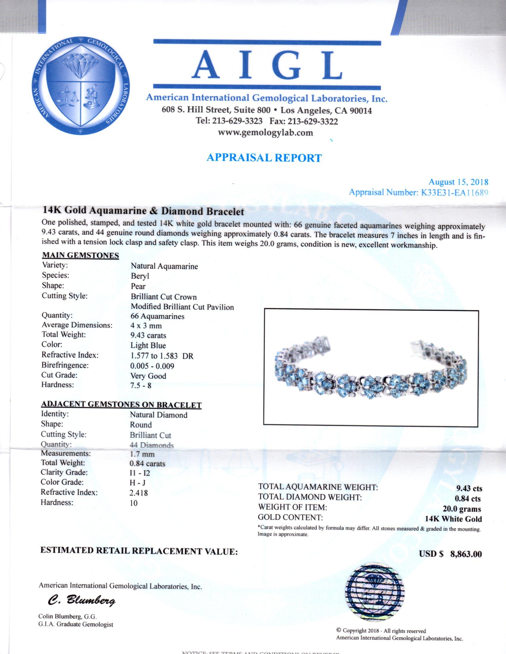 AIGL Certified Diamond Aquamarine Bracelet Set in White Gold 7