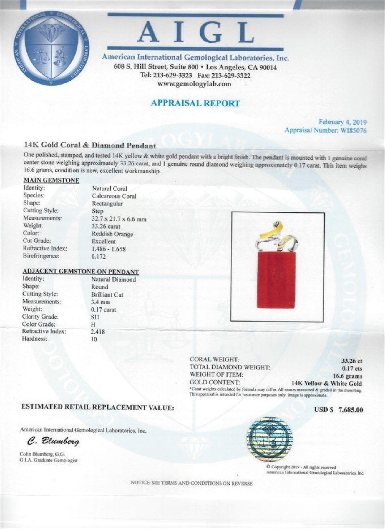 Pendentif en or 14 carats, corail naturel certifié AIGL et diamant en vente 5