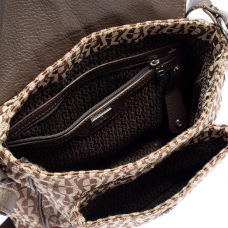 Black Aigner Beige/Brown Signature Canvas and Leather Flap Shoulder Bag For Sale