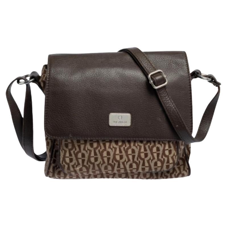 Aigner Beige/Brown Signature Canvas and Leather Flap Shoulder Bag For Sale
