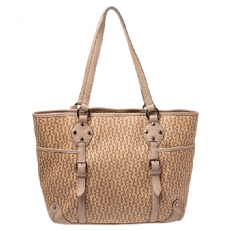 Aigner Beige/Pink Signature Coated Canvas and Leather Bow Tote For Sale 2