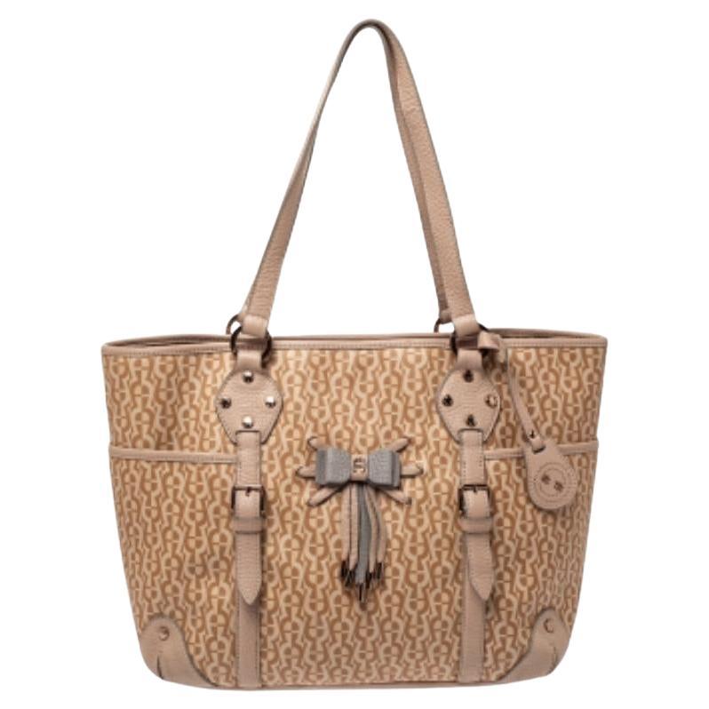 Aigner Beige/Pink Signature Coated Canvas and Leather Bow Tote For Sale