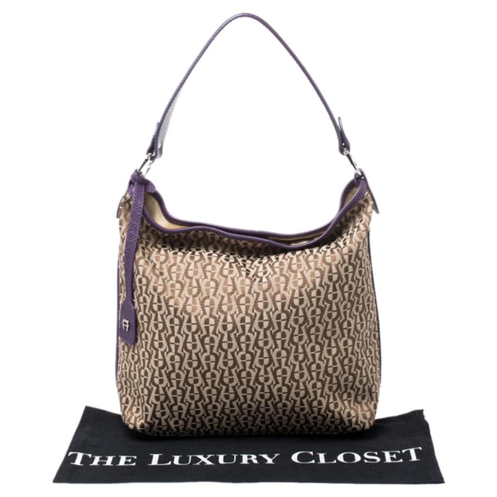 Aigner Beige/Purple Signature Canvas and Leather Hobo 6