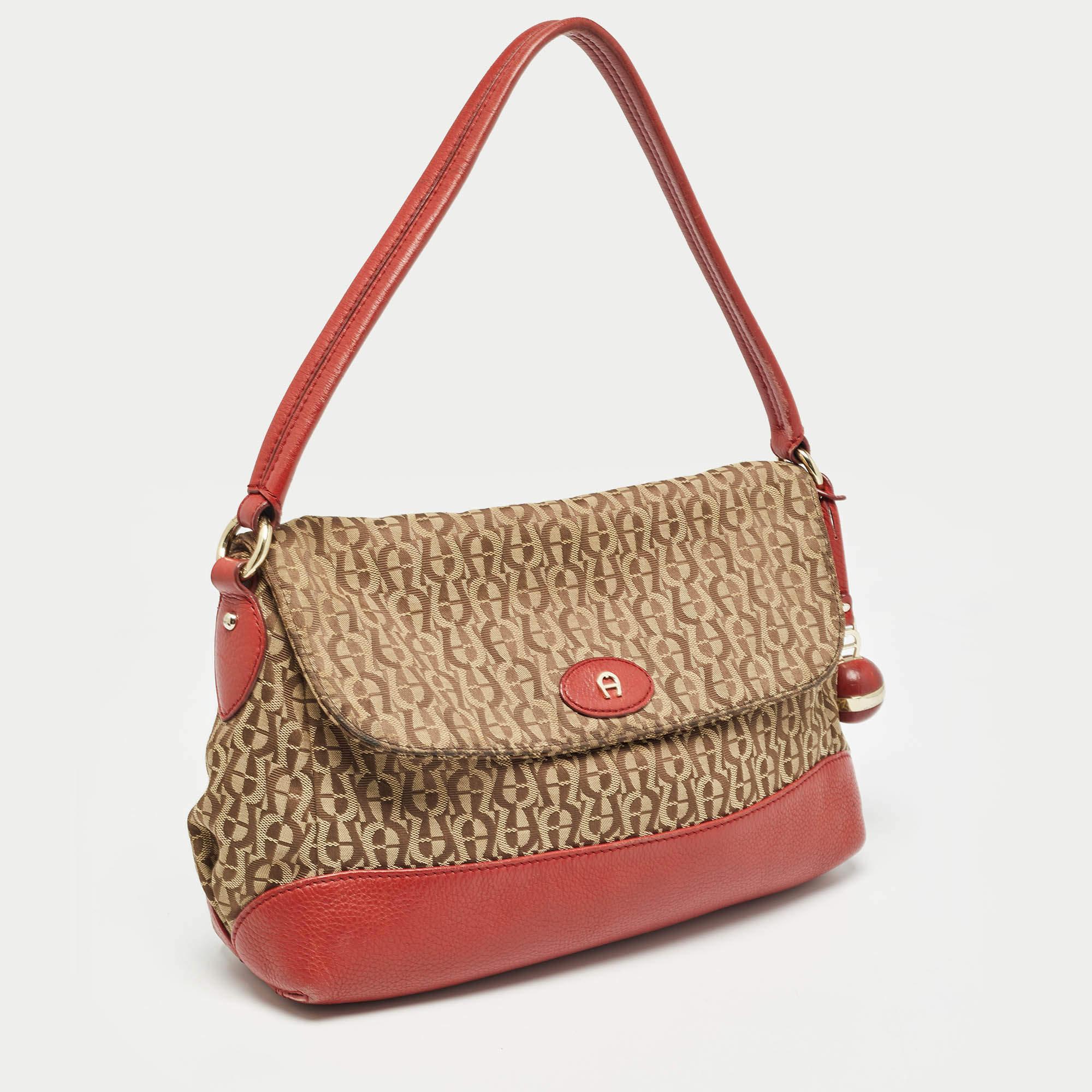 Brown Aigner Beige/Red Signature Canvas and Leather Logo Flap Shoulder Bag For Sale