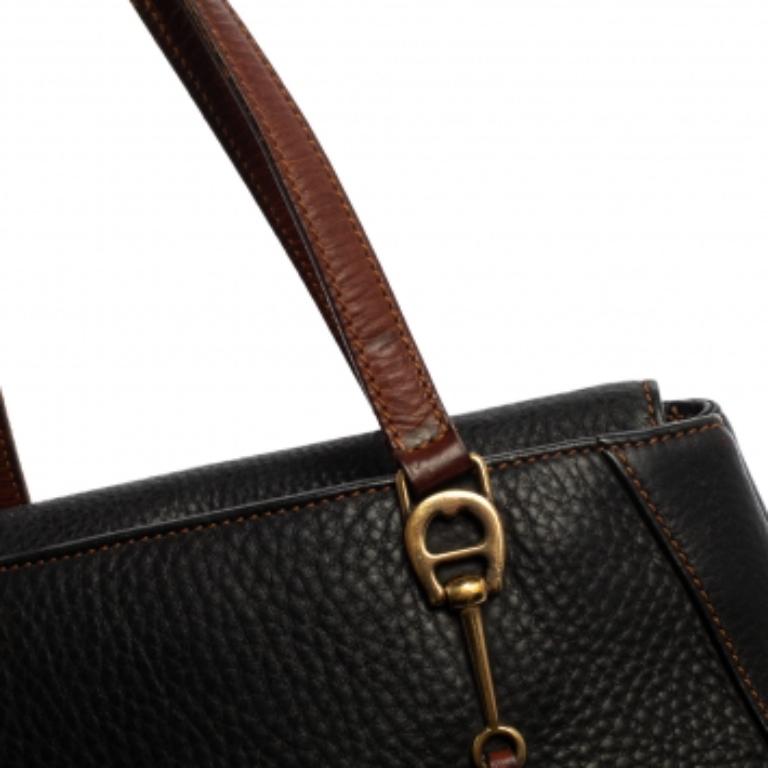 Aigner Black/Brown Grained Leather Logo Metal Handle Tote For Sale 7