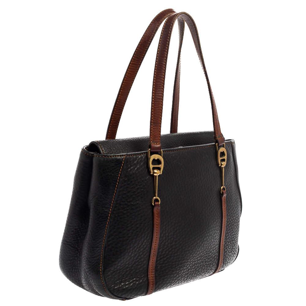 Aigner Black/Brown Grained Leather Logo Metal Handle Tote In Fair Condition In Dubai, Al Qouz 2
