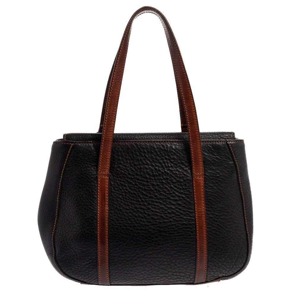 Women's Aigner Black/Brown Grained Leather Logo Metal Handle Tote