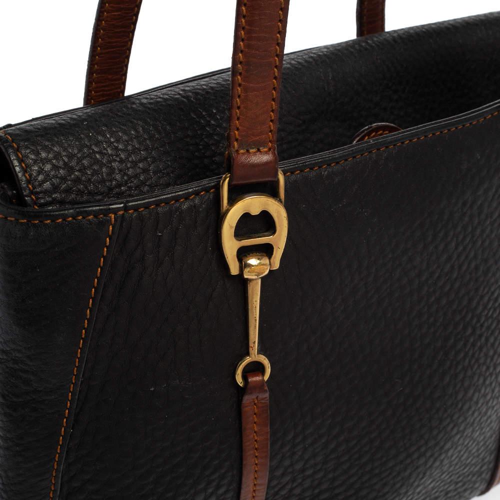 Aigner Black/Brown Grained Leather Logo Metal Handle Tote 1