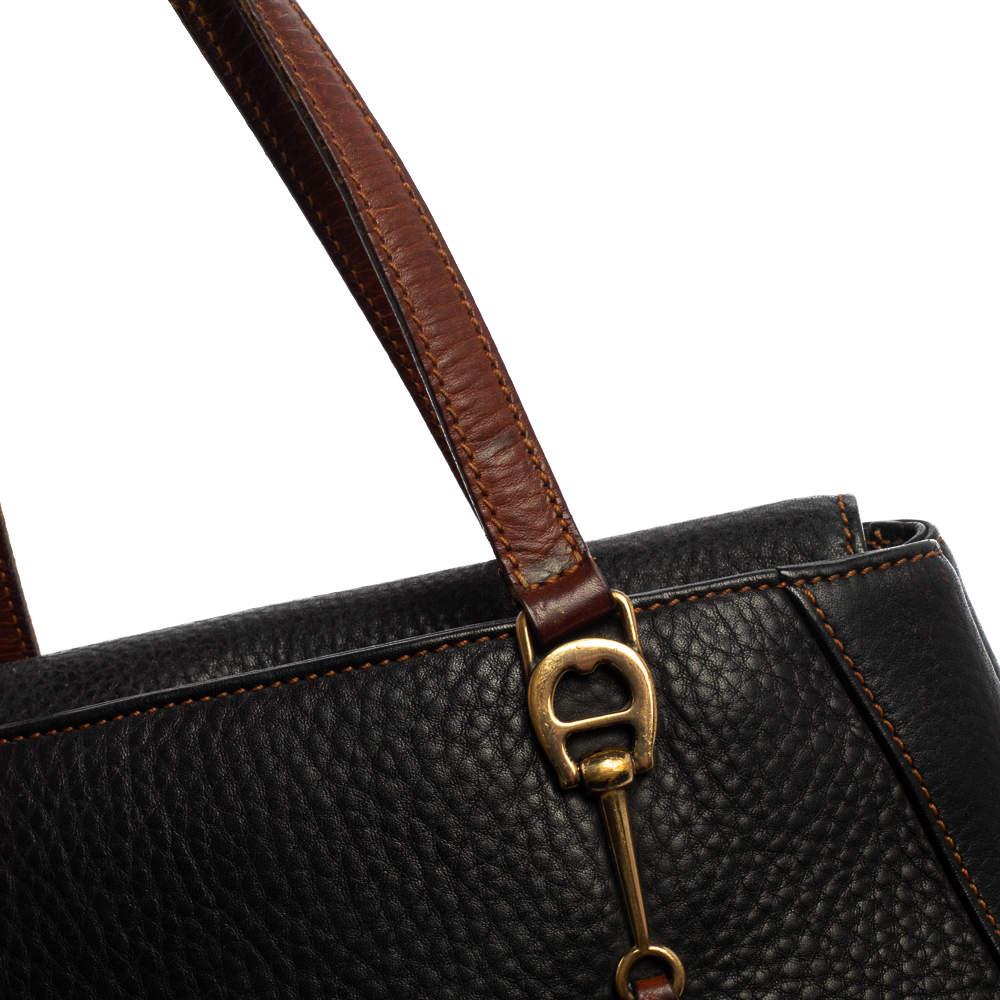 Aigner Black/Brown Grained Leather Logo Metal Handle Tote 3