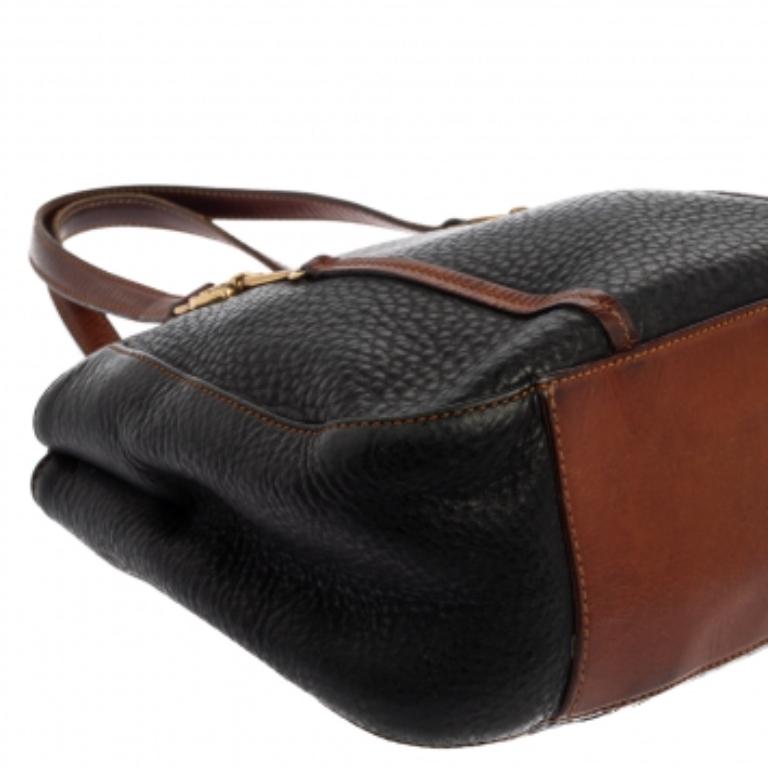 Aigner Black/Brown Grained Leather Logo Metal Handle Tote For Sale 3