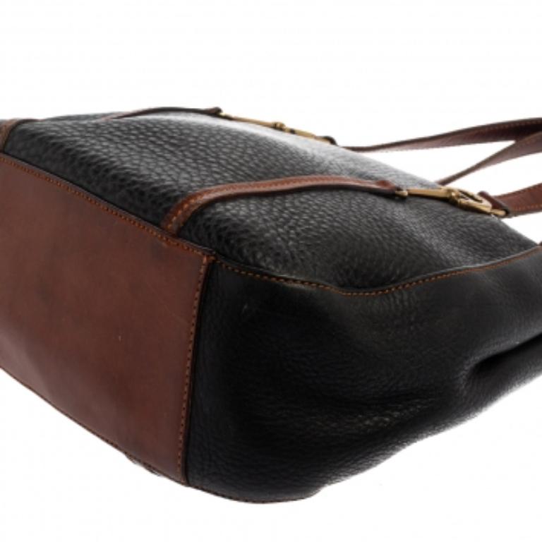 Aigner Black/Brown Grained Leather Logo Metal Handle Tote For Sale 4