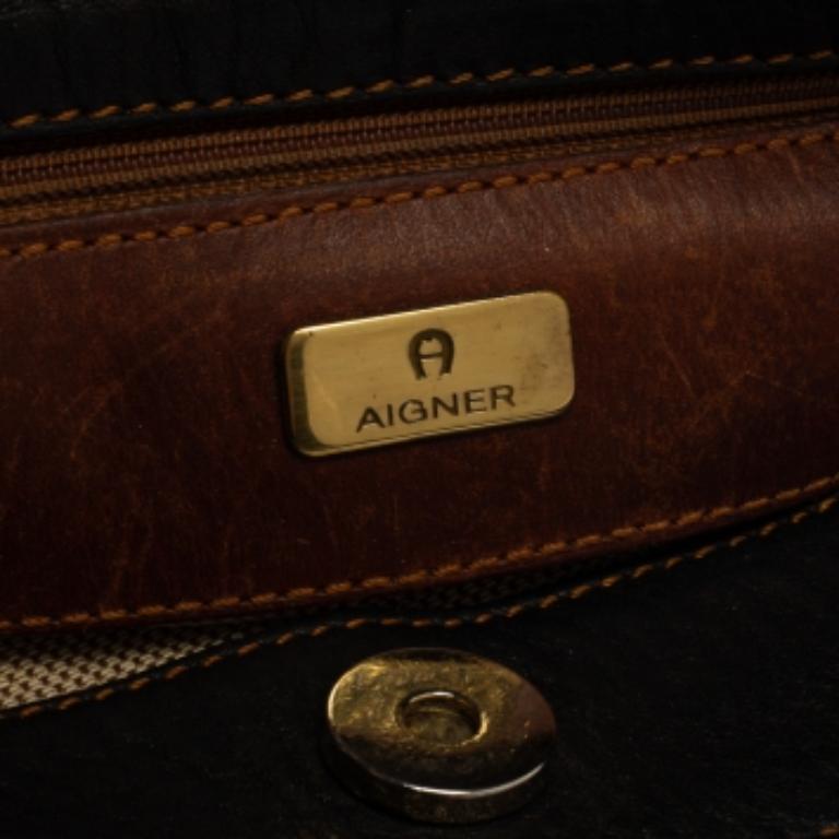 Aigner Black/Brown Grained Leather Logo Metal Handle Tote For Sale 5