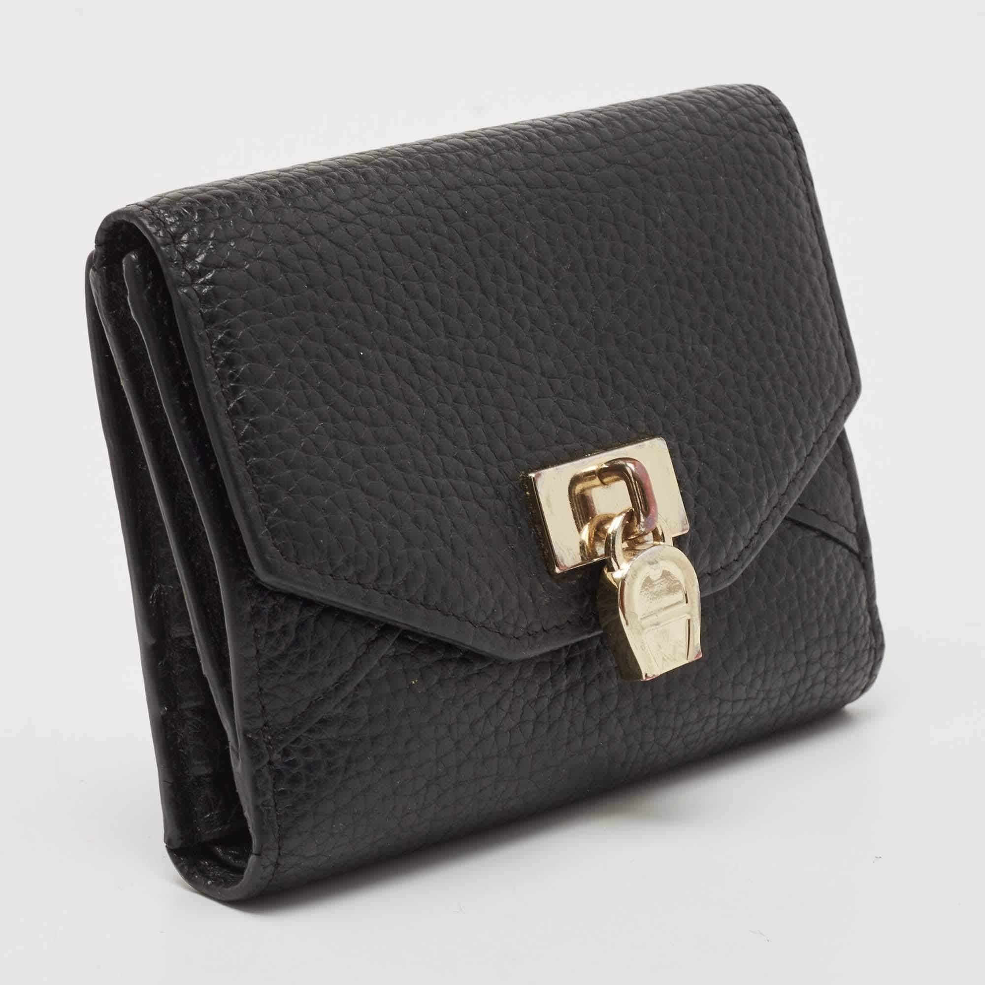 Women's Aigner Black Leather Envelope Flap Compact Wallet For Sale