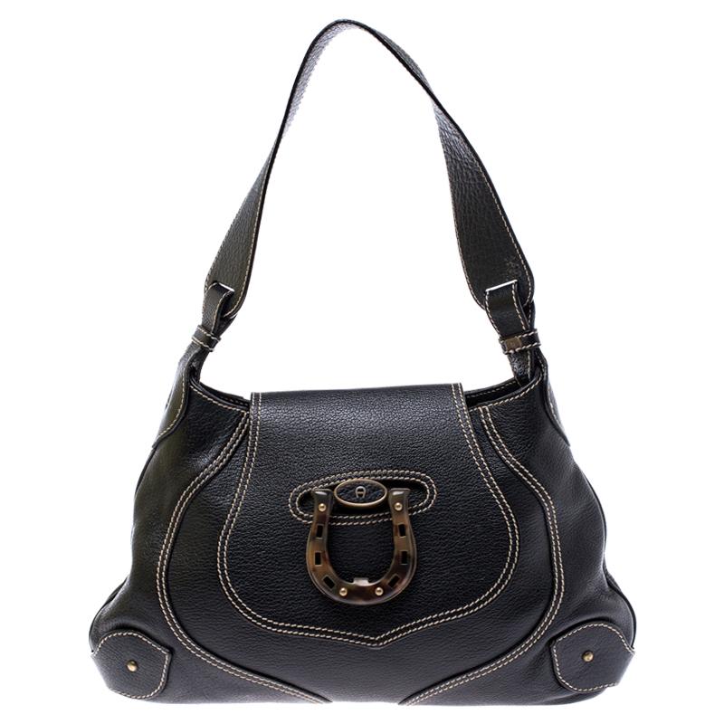 Women's Aigner Black Leather Flap Shoulder Bag