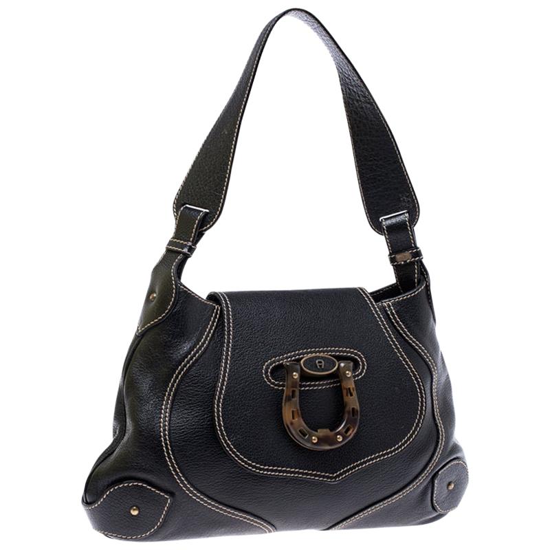 Aigner Black Leather Flap Shoulder Bag