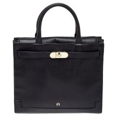 Aigner Black Leather Turnlock Tote