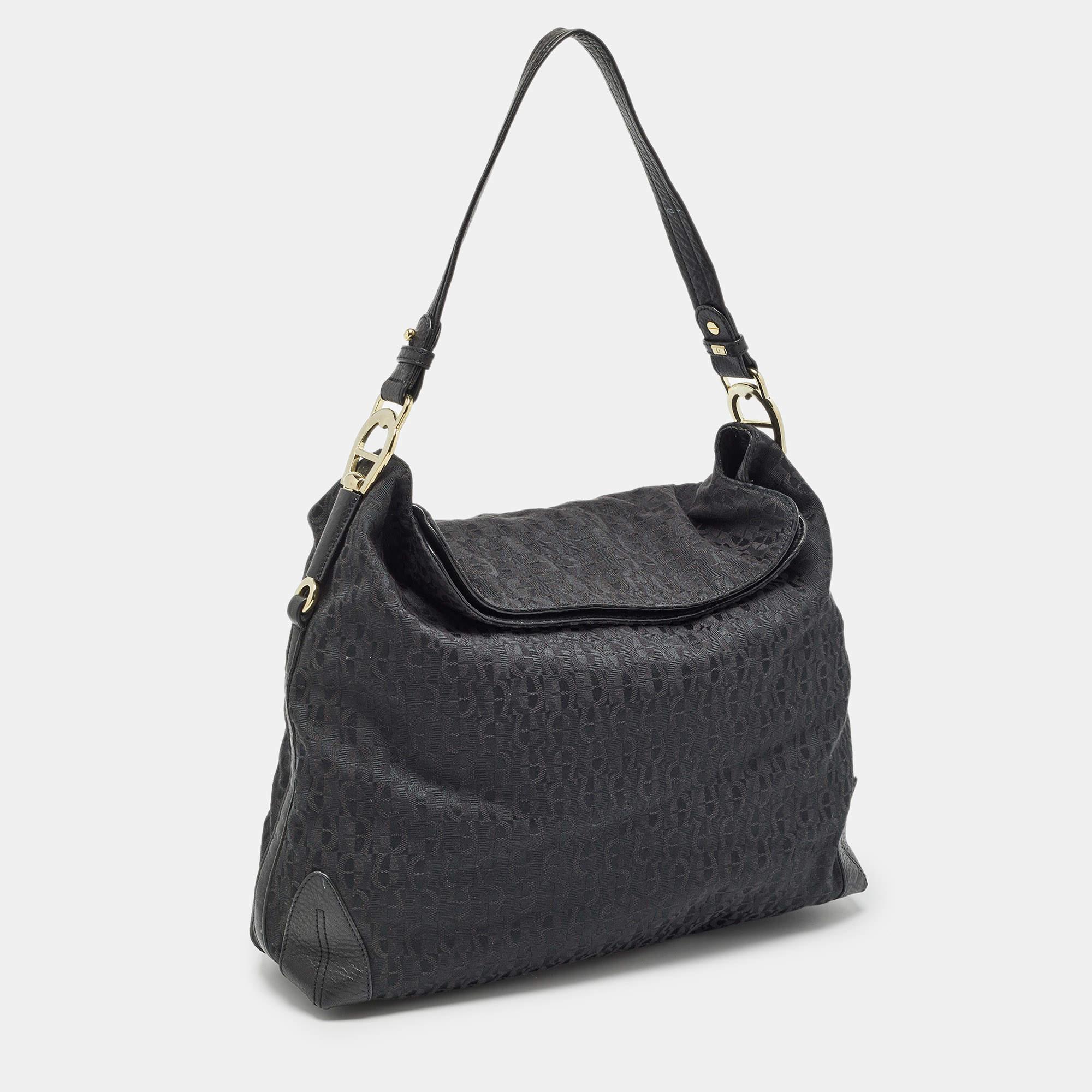 Aigner Black Monogram Canvas and Leather Logo Handle Hobo In Good Condition For Sale In Dubai, Al Qouz 2