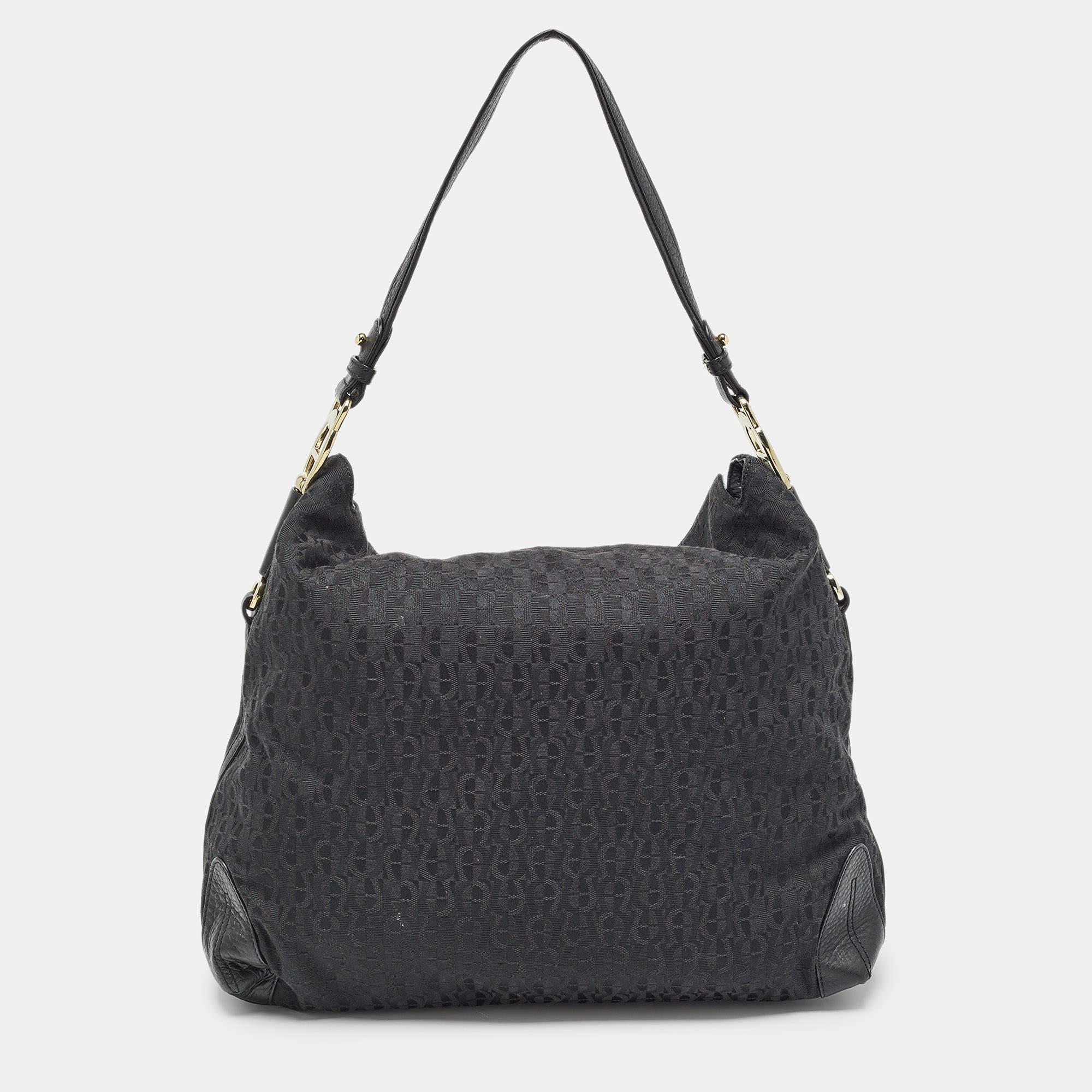 Women's Aigner Black Monogram Canvas and Leather Logo Handle Hobo For Sale