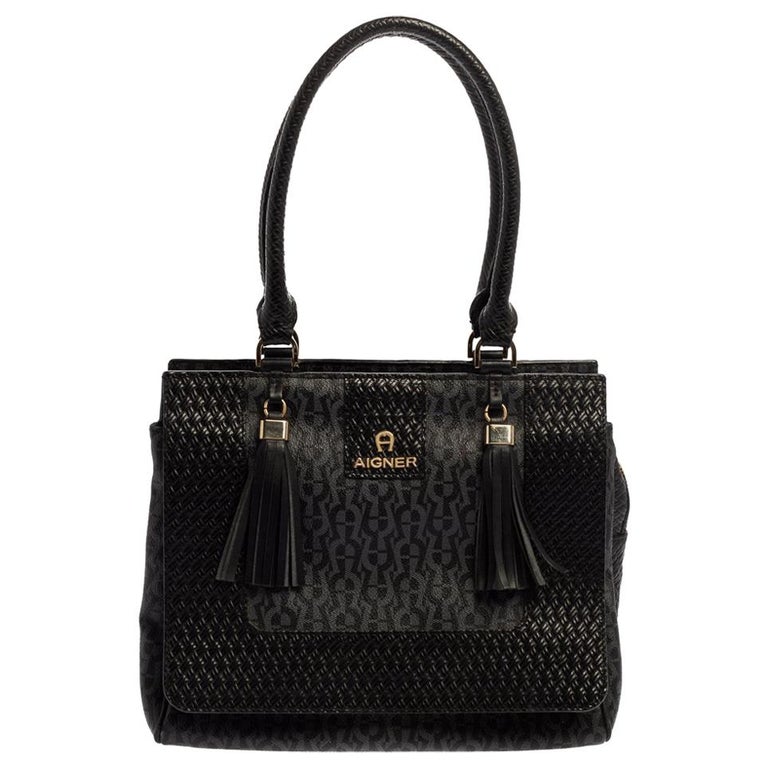 Aigner Black Signature Coated Canvas And Leather Tassel Top Handle Bag For  Sale at 1stDibs