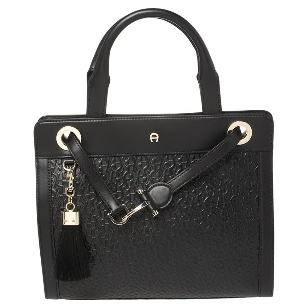 Aigner Black Signature Embossed Leather Cavallina Tote