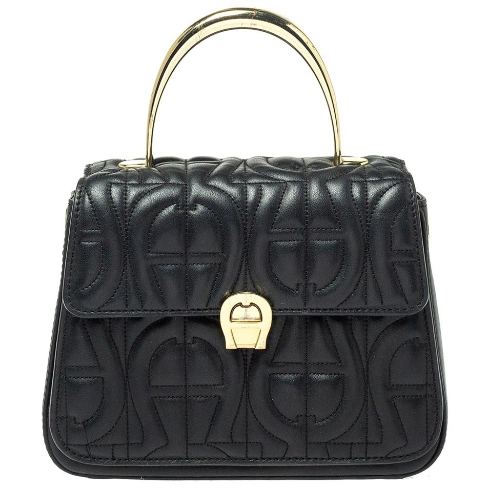 Aigner - Sac à main supérieur Genoveva en cuir Signature noir