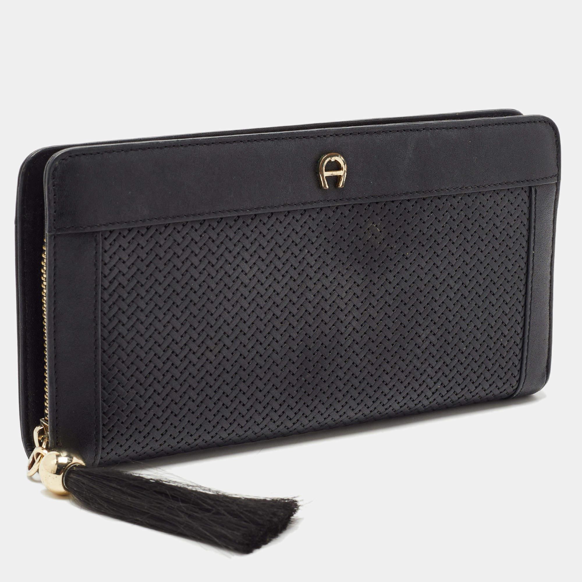 Aigner Black Woven Leather Cavallina Zip Around Continental Wallet For Sale 1