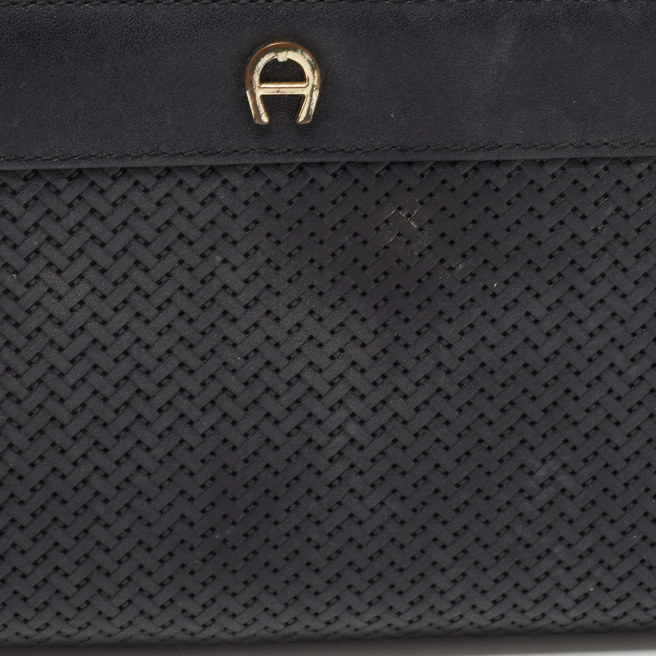 Aigner Black Woven Leather Cavallina Zip Around Continental Wallet For Sale 3