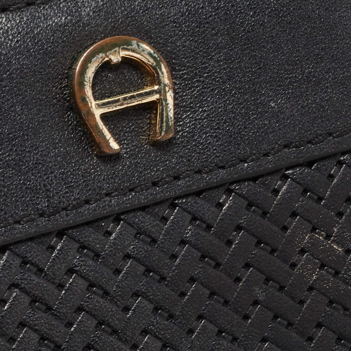 Aigner Black Woven Leather Cavallina Zip Around Continental Wallet For Sale 4