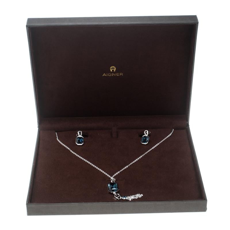 Aigner Blue Crystal Silver Tone Pendant Earring Set 2