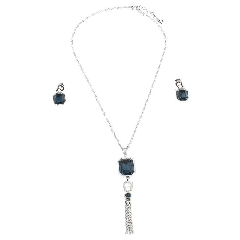 Aigner Blue Crystal Silver Tone Pendant Earring Set