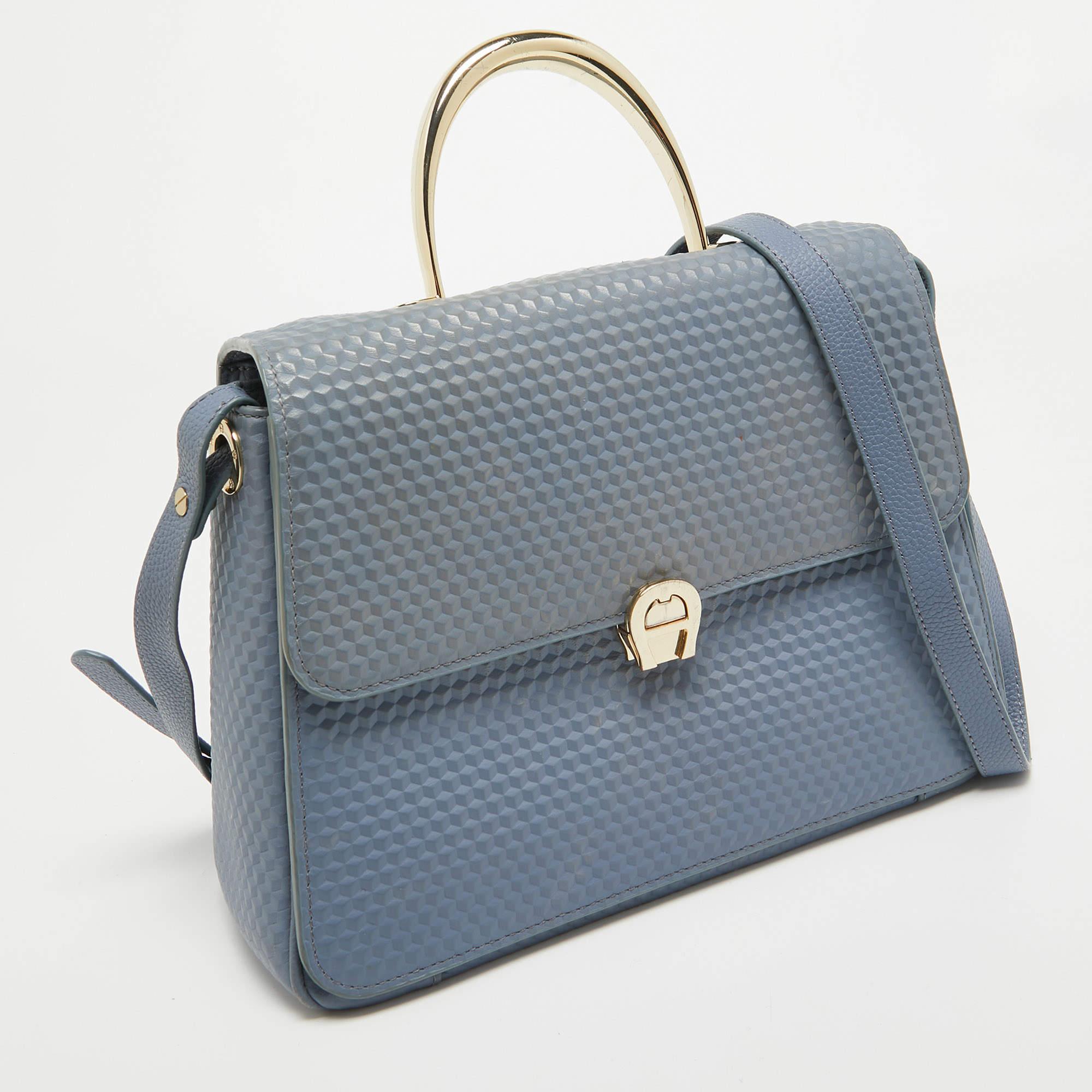 Gray Aigner Blue Embossed Leather Genoveva M Top Handle Bag For Sale