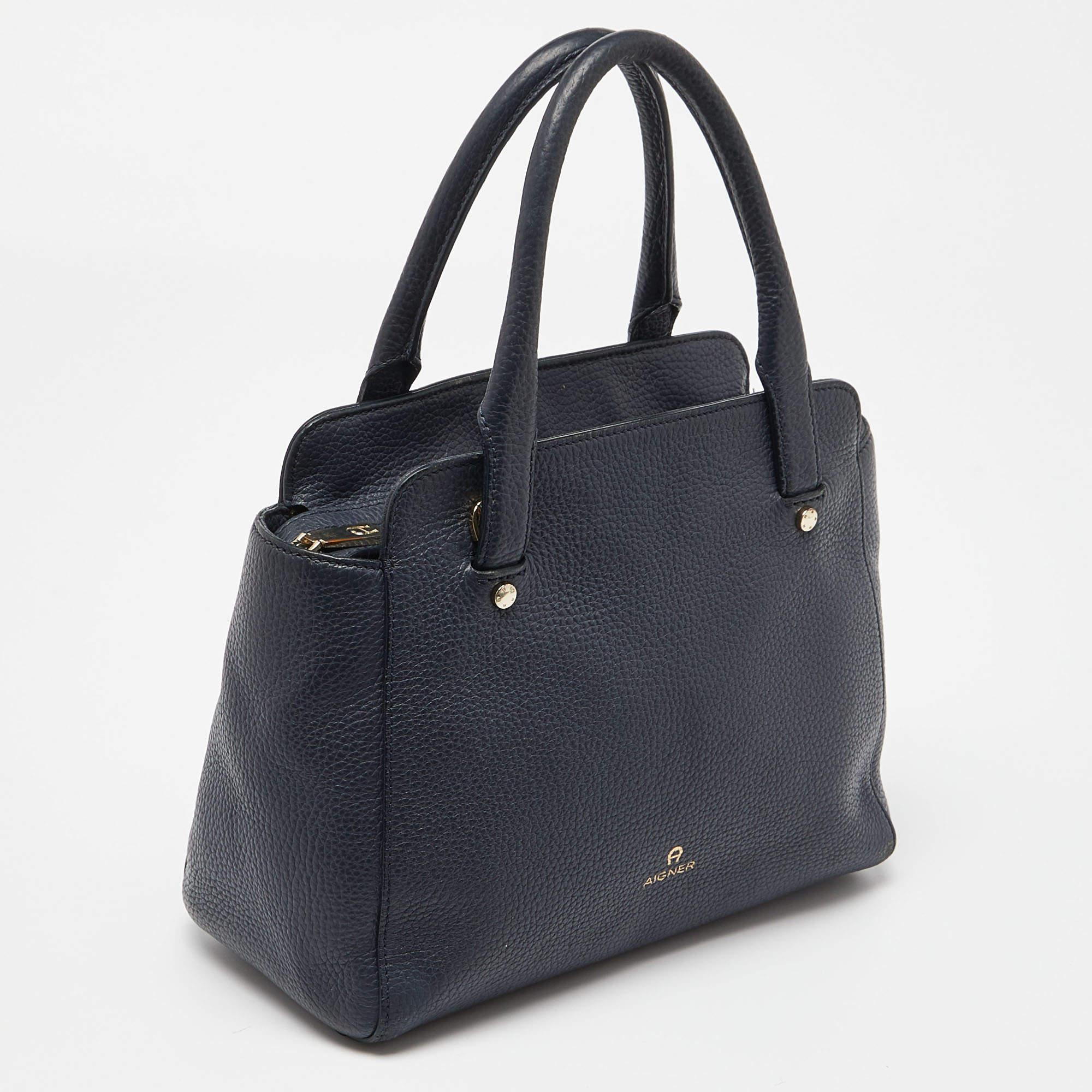 Black Aigner Blue Grained Leather Cybill Tote For Sale