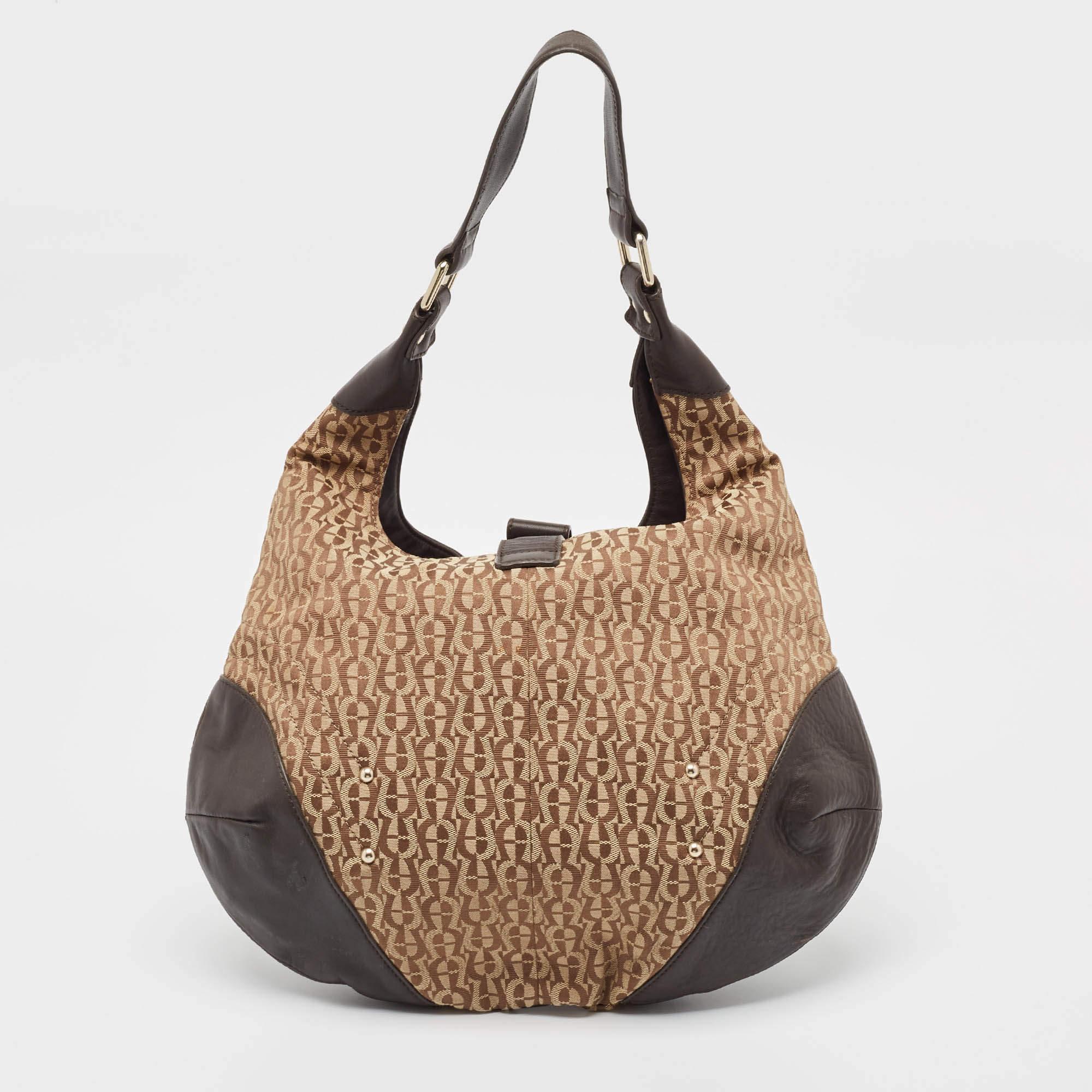 Women's Aigner Brown/Beige Monogram Canvas and  Leather Logo Flap Hobo For Sale