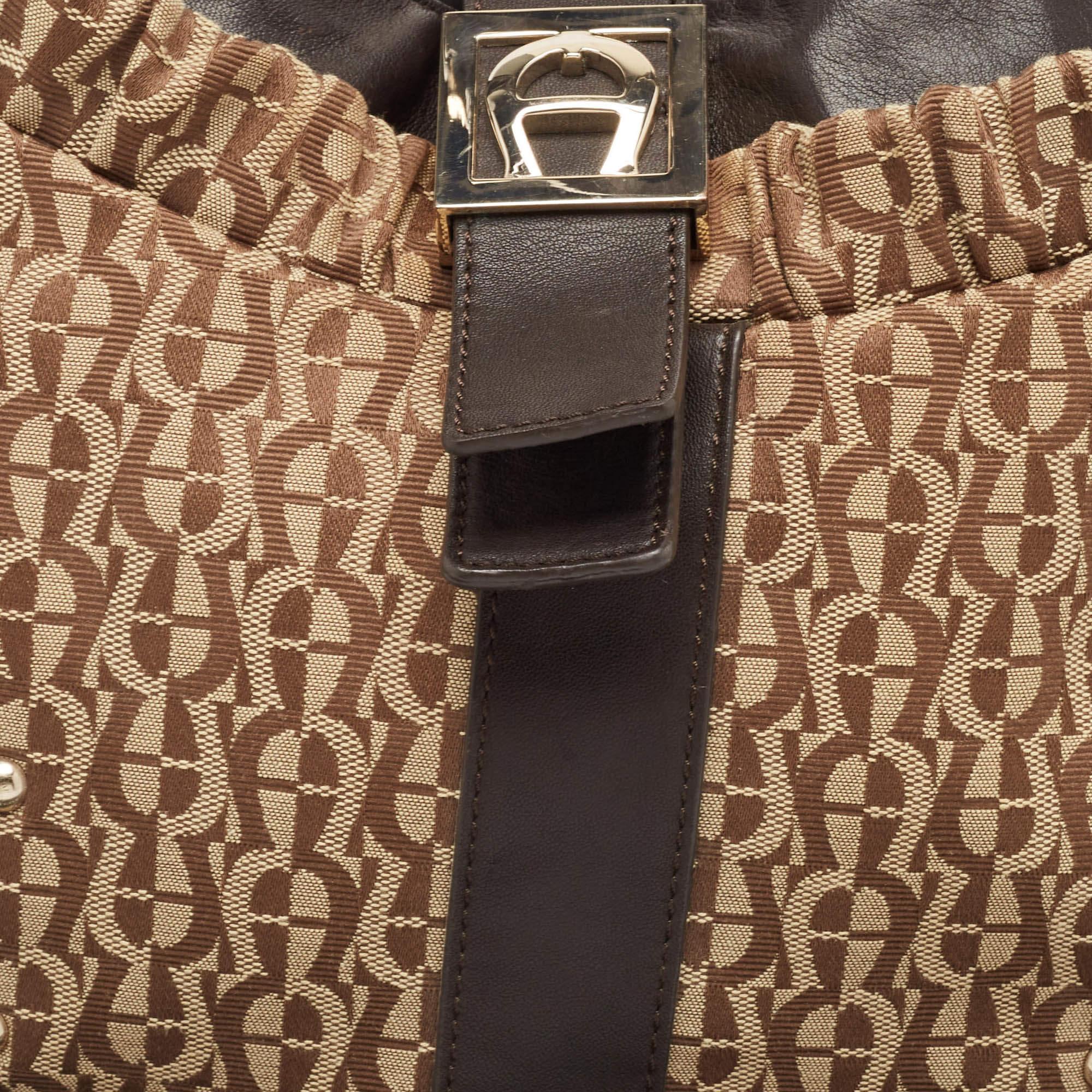 Aigner Brown/Beige Monogram Canvas and  Leather Logo Flap Hobo For Sale 1