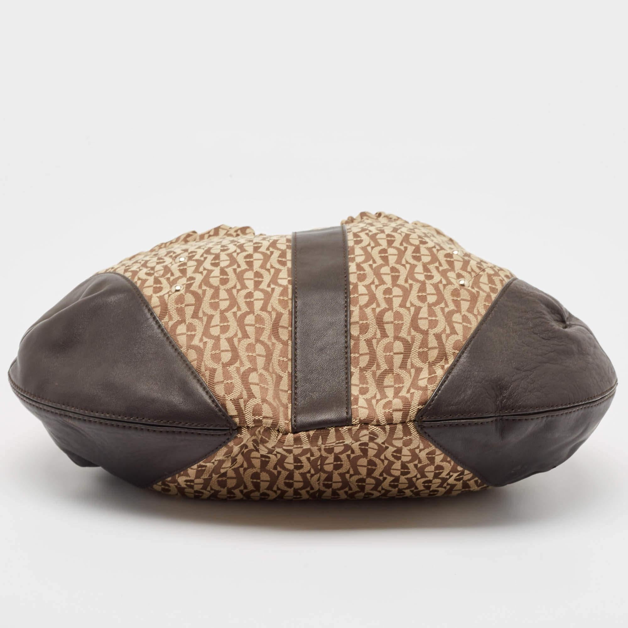 Aigner Brown/Beige Monogram Canvas and  Leather Logo Flap Hobo For Sale 4