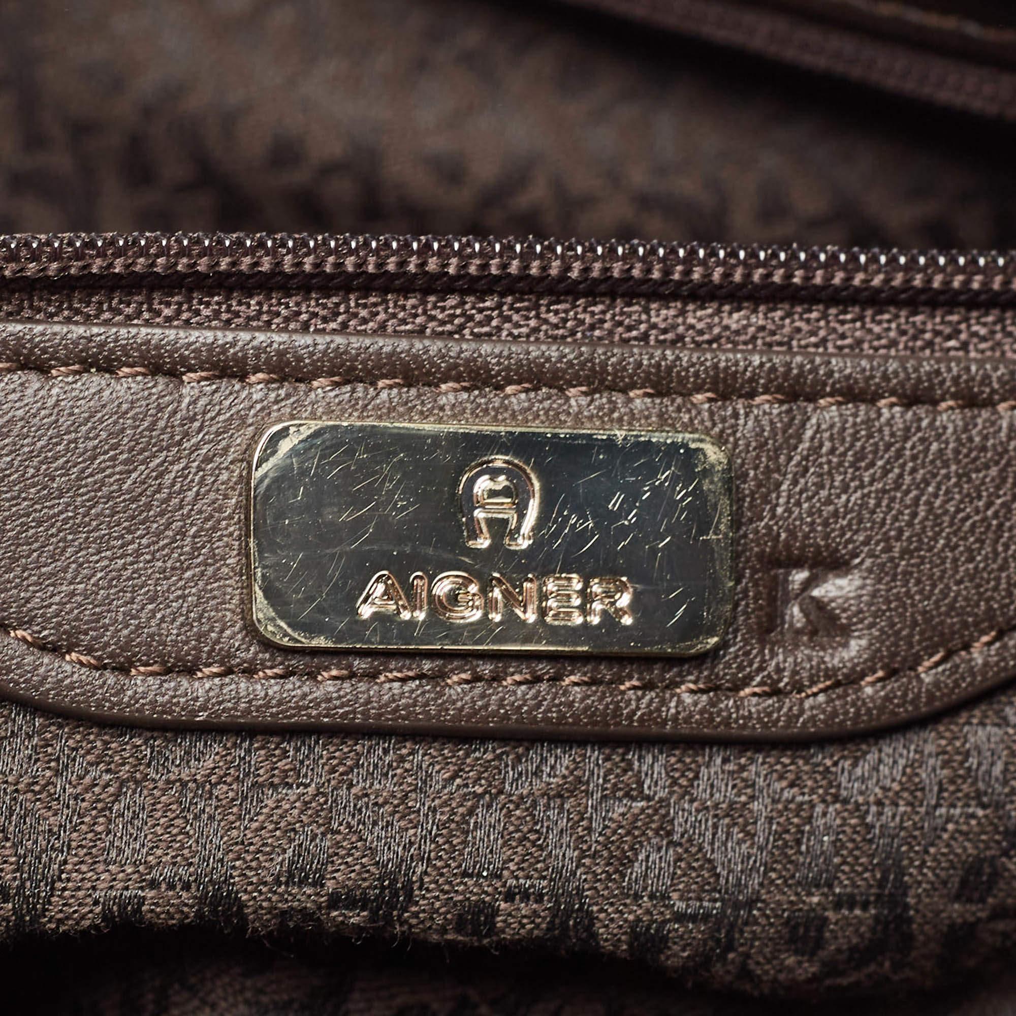 Aigner Brown/Beige Monogram Canvas and  Leather Logo Flap Hobo For Sale 5